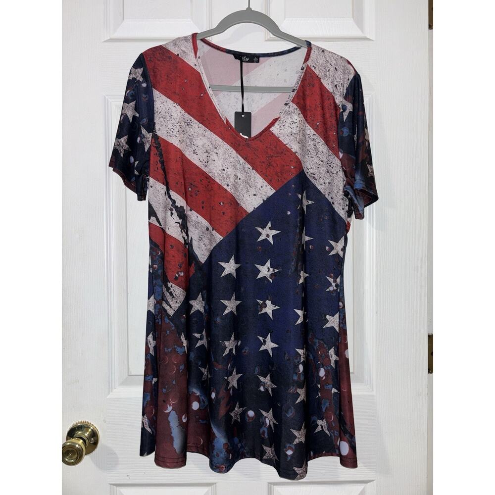 Lily by Firmiana L Large Patriotic Tunic Top Red White Blue 4th July Flag NWT